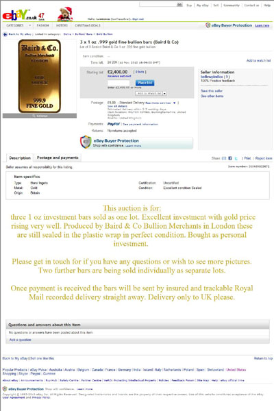 bellewpimlico eBay Listing Using our Baird & Co. One Ounce Gold Bar Photographs